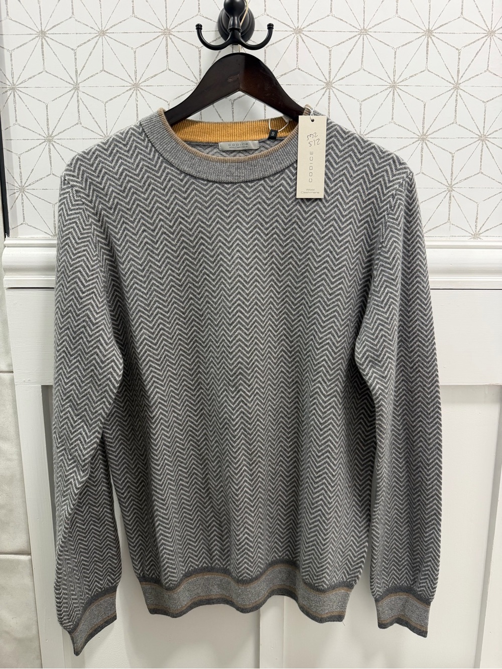 Codice Wool Cashmere Herringbone Sweater Gray Tan NWT Size 50